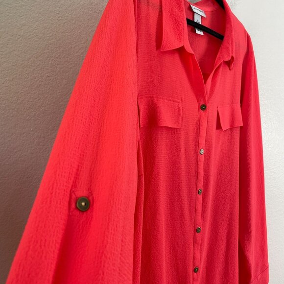 Catherines Womens Plus 2X Coral Button Up Blouse Roll Tab Sleeve Pocket Shirt - Picture 8 of 11